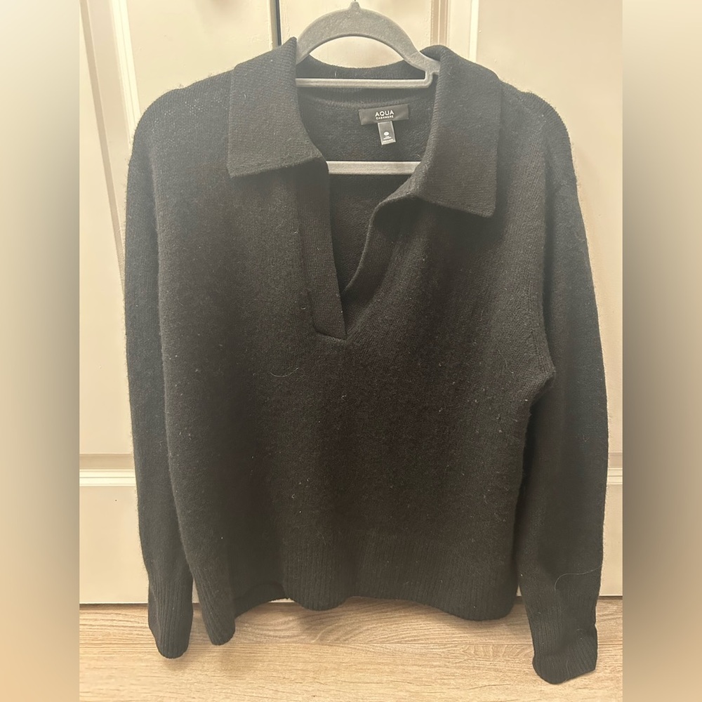 Aqua Black Cashmere Collared V-Neck Sweater Large